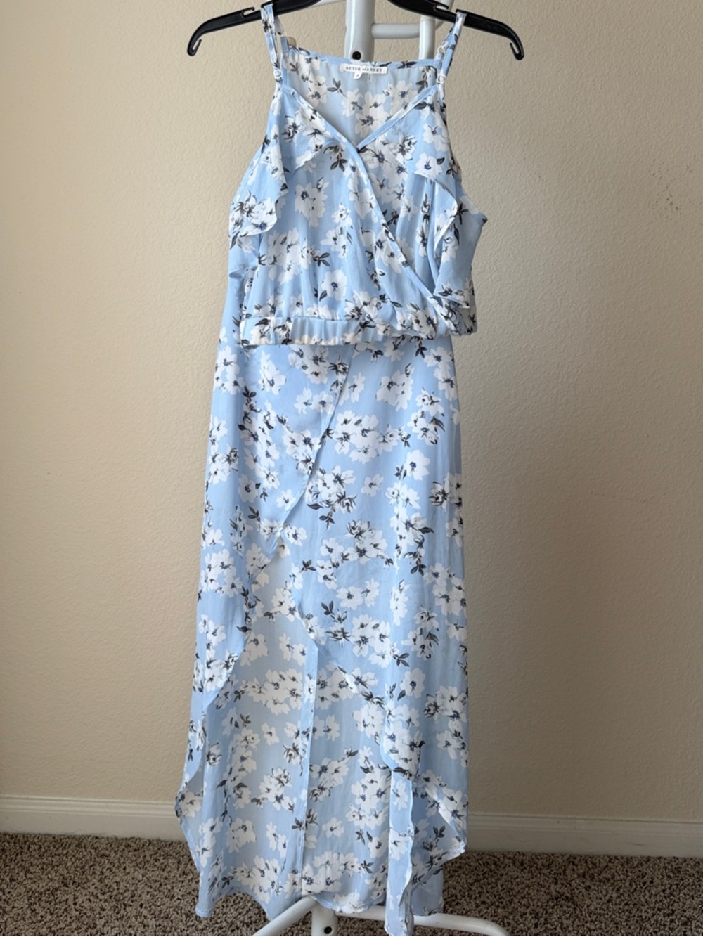2 piece co-ord Light Blue Floral Ruffle-Trim